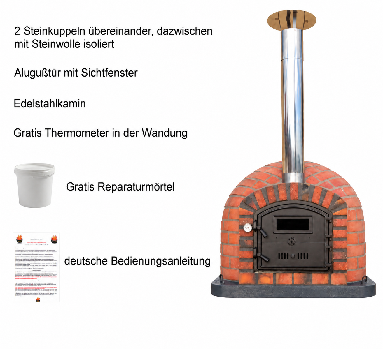 Grafik zum Impexfire Rustic Holzbackofen mit Produktvorteilen sowie Abbildungen von Reparaturmörtel und deutscher Bedienungsanleitung.